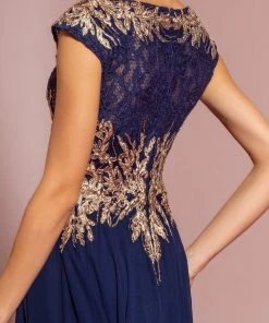 Long Cap Sleeve Dress With Lace Bodice By Elizabeth K GL2519