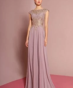 Long Cap Sleeve Dress With Lace Bodice By Elizabeth K GL2519