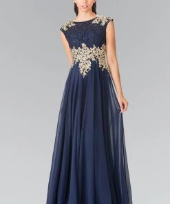 Prom Long Cap Sleeve Dress With Lace Top By Elizabeth K GL2228