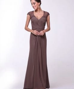 Long Cap Sleeve Chiffon Dress By Cinderella Divine 1941