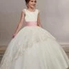 Mary's Bridal Angels Collection Girls Long Lace Trim Cap Sleeve Dress By Mary's Bridal MB9047 Flower Girl Dresses