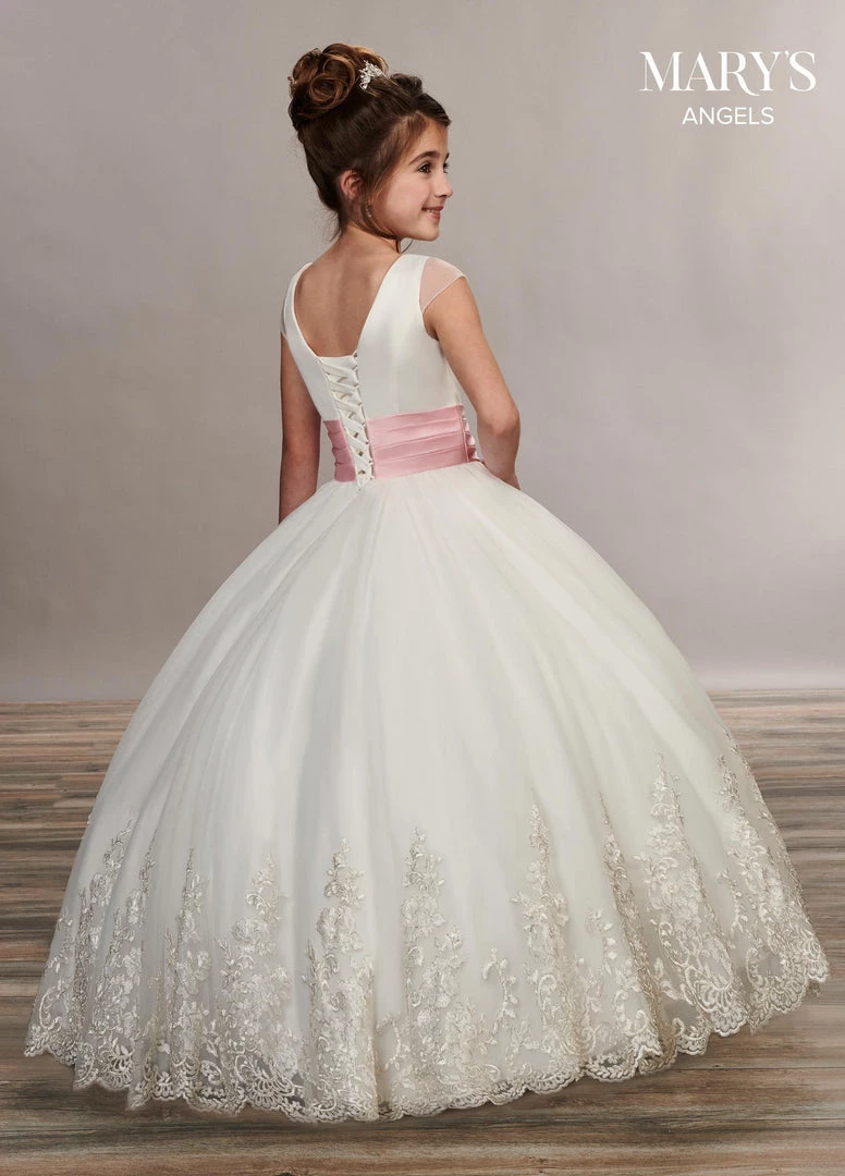 Mary's Bridal Angels Collection Girls Long Lace Trim Cap Sleeve Dress By Mary's Bridal MB9047 Flower Girl Dresses 4 Mary's Bridal Angels Collection Girls Long Lace Trim Cap Sleeve Dress By Mary's Bridal MB9047 Flower Girl Dresses