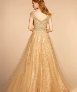 Long Cap-Sleeve Glitter Print Dress By Elizabeth K GL2526 Prom