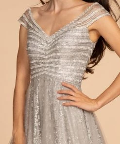 Long Cap-Sleeve Glitter Print Dress By Elizabeth K GL2526 Prom