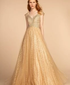 Long Cap-Sleeve Glitter Print Dress By Elizabeth K GL2526 Prom