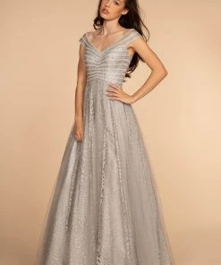 Long Cap-Sleeve Glitter Print Dress By Elizabeth K GL2526 Prom