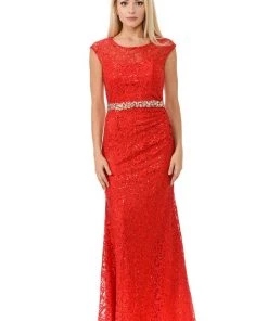 Prom Long Cap Sleeve Lace Dress With Beaded Waist By Lenovia 5152