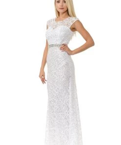 Prom Long Cap Sleeve Lace Dress With Beaded Waist By Lenovia 5152