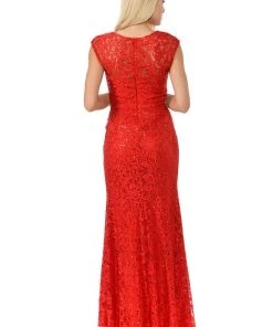 Prom Long Cap Sleeve Lace Dress With Beaded Waist By Lenovia 5152