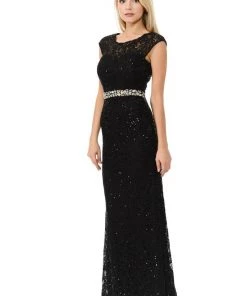 Prom Long Cap Sleeve Lace Dress With Beaded Waist By Lenovia 5152