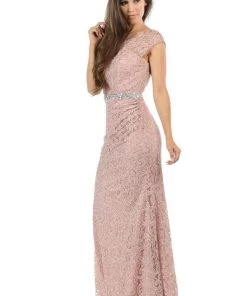 Prom Long Cap Sleeve Lace Dress With Beaded Waist By Lenovia 5152