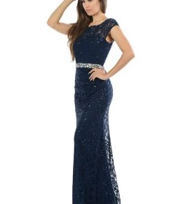 Prom Long Cap Sleeve Lace Dress With Beaded Waist By Lenovia 5152