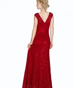 Fitted Long Cap Sleeve Lace Dress By Cinderella Divine A1603 Prom