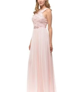 Long Champagne Chiffon Dress With Lace Bodice By Lenovia Prom