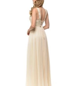 Long Champagne Chiffon Dress With Lace Bodice By Lenovia Prom
