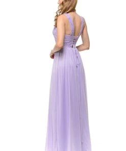 Long Champagne Chiffon Dress With Lace Bodice By Lenovia Prom