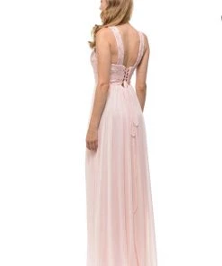Long Champagne Chiffon Dress With Lace Bodice By Lenovia Prom