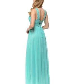 Long Champagne Chiffon Dress With Lace Bodice By Lenovia Prom