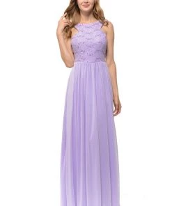 Long Champagne Chiffon Dress With Lace Bodice By Lenovia Prom