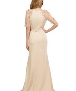 Long Champagne Dress With Embroidered Sleeves By Poly USA