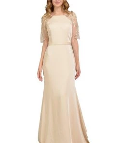 Long Champagne Dress With Embroidered Sleeves By Poly USA
