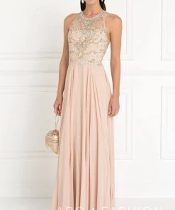 Prom Long Champagne Dress With Jeweled Bodice By Elizabeth K GL1564