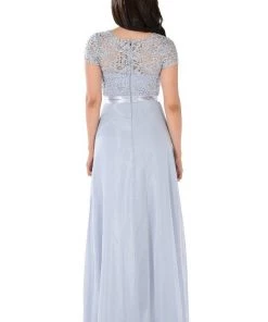 Long Champagne Dress With Short-Sleeved Lace Bodice By Poly USA