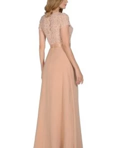 Long Champagne Dress With Short-Sleeved Lace Bodice By Poly USA