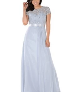 Long Champagne Dress With Short-Sleeved Lace Bodice By Poly USA