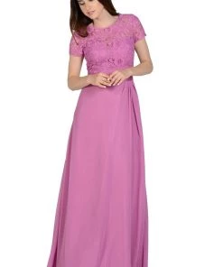 Long Champagne Dress With Short-Sleeved Lace Bodice By Poly USA