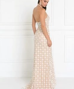 Prom Long Champagne Halter Floral Print Dress By Elizabeth K GL1548