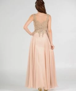 Long Chiffon Dress With Lace Applique Bodice By Poly USA 7644 Prom