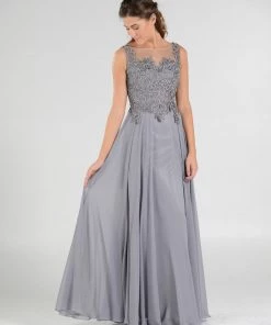 Long Chiffon Dress With Lace Applique Bodice By Poly USA 7644 Prom 15 Long Chiffon Dress With Lace Applique Bodice By Poly USA 7644 Prom