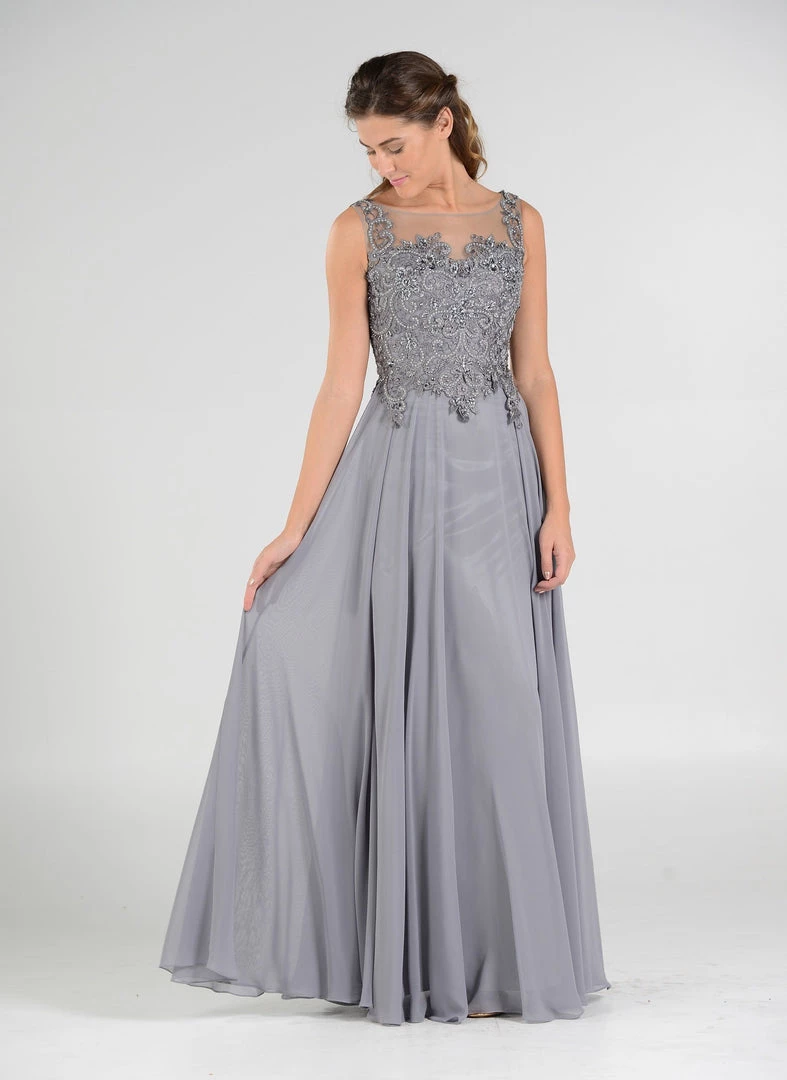 Long Chiffon Dress With Lace Applique Bodice By Poly USA 7644 Prom 8 Long Chiffon Dress With Lace Applique Bodice By Poly USA 7644 Prom