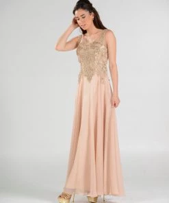 Long Chiffon Dress With Lace Applique Bodice By Poly USA 7644 Prom