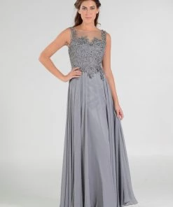 Long Chiffon Dress With Lace Applique Bodice By Poly USA 7644 Prom 13 Long Chiffon Dress With Lace Applique Bodice By Poly USA 7644 Prom