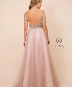 Long Cold Shoulder Beaded Bodice Dress By Nox Anabel L342