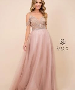 Long Cold Shoulder Beaded Bodice Dress By Nox Anabel L342