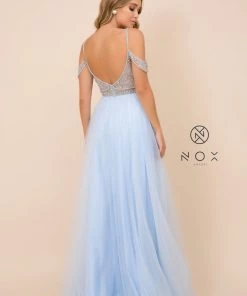 Long Cold Shoulder Beaded Bodice Dress By Nox Anabel L342