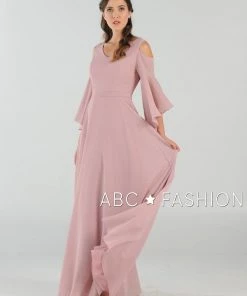 Long Cold Shoulder Dress With Bell Sleeves By Poly USA 8300 Prom