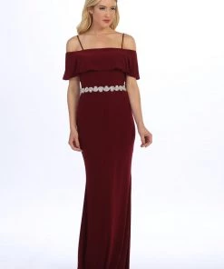Long Cold Shoulder Dress With Jeweled Waistband By Celavie 6332