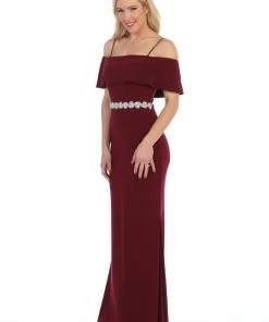 Long Cold Shoulder Dress With Jeweled Waistband By Celavie 6332