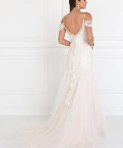 Long Cold Shoulder Ivory Wedding Dress By Elizabeth K