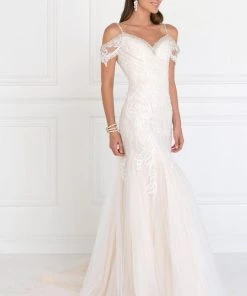 Long Cold Shoulder Ivory Wedding Dress By Elizabeth K