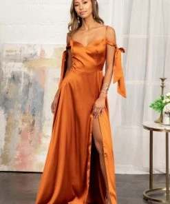 Long Cold Shoulder Satin Dress By Elizabeth K GL1994
