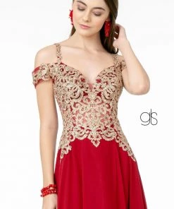 Prom Long Cold Shoulder Dress With Gold Appliques By Elizabeth K GL2998