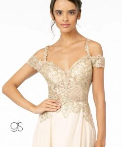 Prom Long Cold Shoulder Dress With Gold Appliques By Elizabeth K GL2998
