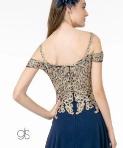 Prom Long Cold Shoulder Dress With Gold Appliques By Elizabeth K GL2998