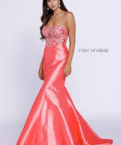 Prom Long Coral Strapless Dress With Beaded Design By Nox Anabel 8244