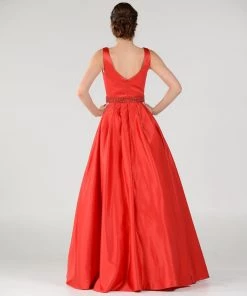 Long Deep V-Neck Dress With Beaded Waist By Poly USA 7932 20 Long Deep V-Neck Dress With Beaded Waist By Poly USA 7932